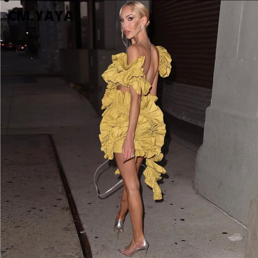 24hr SALE Olive Tired High Low Italian luxury Asymmetrical Dress Sexy Club Party - Picture 2 of 6